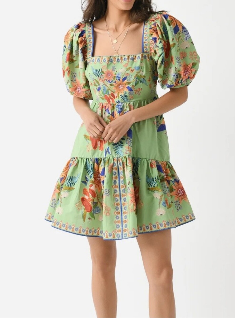 Farm Rio Floral Puff-Sleeve Green Mini Dress